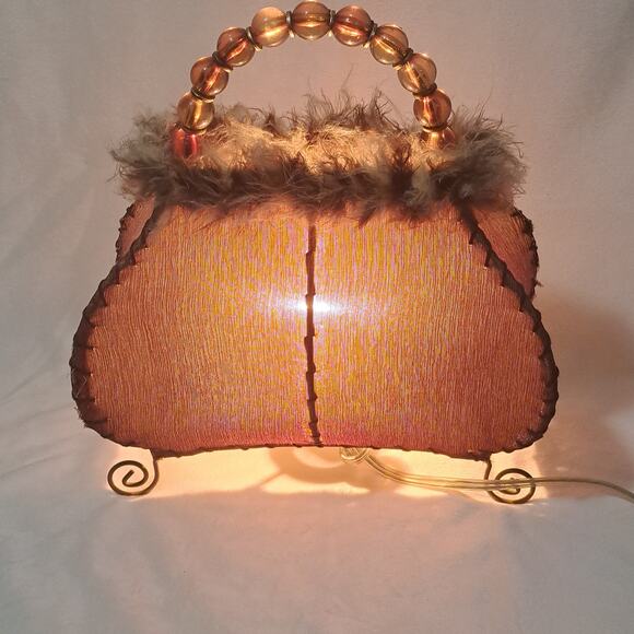 Vintage Purse Shaped Lamp Light Mauve w/ Feather Trim Night Light 11"x11.5" - Picture 5 of 11